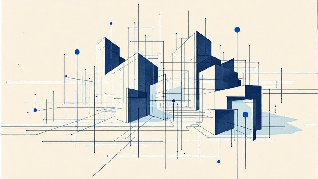 Editorial illustration: an architectural blueprint of an enterprise organization