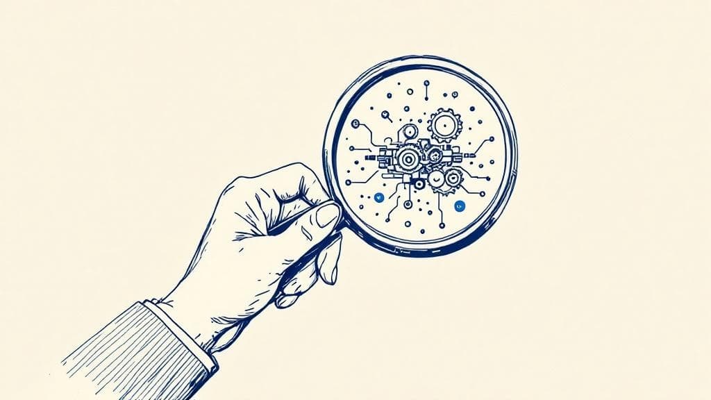 Editorial illustration: a hand holds a magnifying glass that reveals a complex machine, the work of peering inside organizations